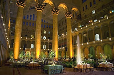 Orange spotlights played up the National Building Museum's massive columns.
