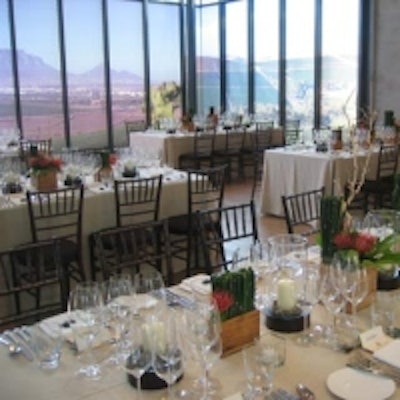 McNabb Roick Events used a variety of decor elements, including floor-to-ceiling prints of Table Mountain, to bring South Africa to life in Jamie Kennedy at the Gardiner Museum for Durbanville Hills ' wine tasting event.
