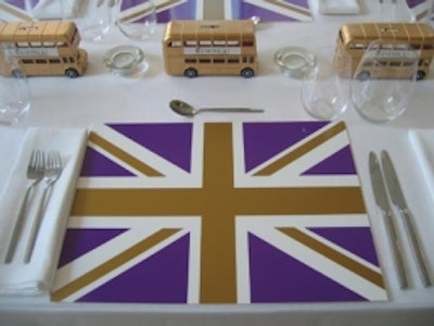 Designer Nicholas Pinney supplied custom-made purple, white, and gold Union Jack placemats for Coty Canada's Rimmel London and Rimmel London Underground spring and summer product launch at the Richmond.