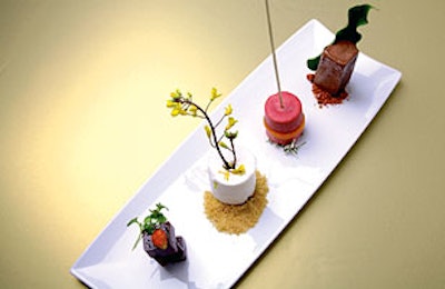 Will Goldfarb of Room 4 Dessert's stack of raspberry jellies, grapefruit timbale with elderflower, raspberry sorbet push-pop, and chocolate fudgesicle.