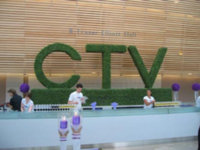 CTV's Upfront presentation at the Four Seasons Centre for the Performing Arts featured a large CTV logo topiary from Downtown Florists and purple orchid accents from Forget Me Not Flowers.
