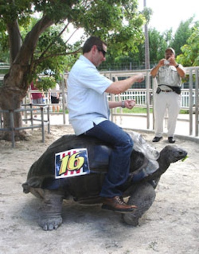 A giant tortoise was among the many animals Nascar champ Greg Biffle interacted with while at Jungle Island.