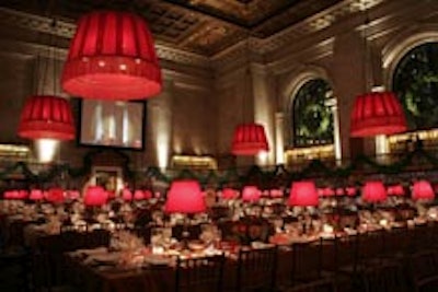Red lampshades set the tone for dinner in the Rose Reading Room.