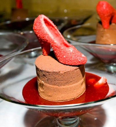 One of Dorothy's ruby slippers topped each chocolate mousse dessert.