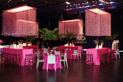 The Studio Theater inside the Ziff Opera House was transformed into a Brazilian oasis with high-energy colors such as fuchsia and purple and rectangular crystal-drop chandeliers suspended from the ceiling.