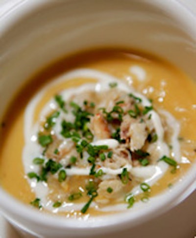 Sunday Dinner's sweet corn soup with snow crab salad, crème fraîche, and chives