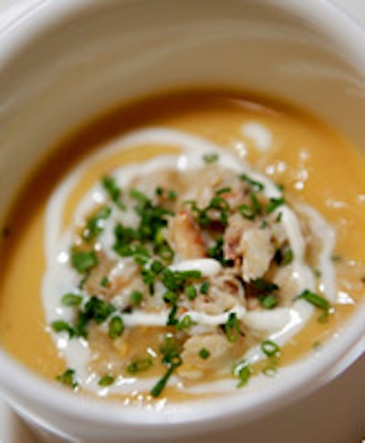 Sunday Dinner's sweet corn soup with snow crab salad, crème fraîche, and chives