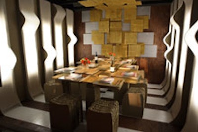 A cardboard and plywood dining room designed by Pratt students