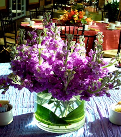 The centerpieces on each table were color-coordinated with the linens.