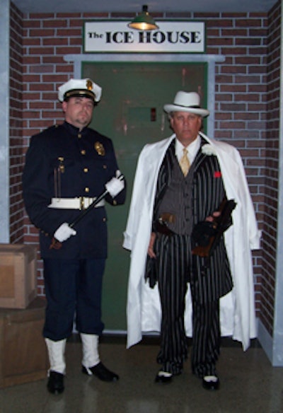 A gangster and Keystone Cop guarded the entrance to the after-dinner speakeasy lounge.