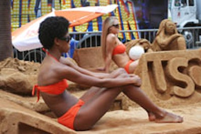 A Times Square sunbather at the Burn Notice promotion