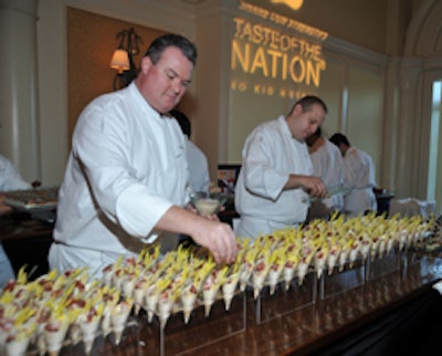 Sean O 'Connell, corporate executive chef at La Côte at the Fontainebleau Miami Beach, treated guests to rock shrimp ceviche served on a wood cone.