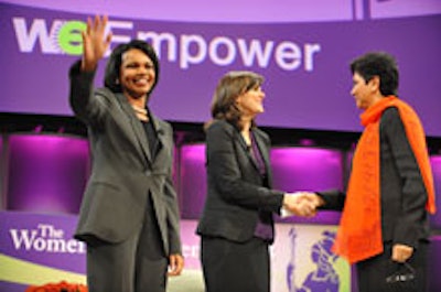 Secretary of State Condoleezza Rice, CNN anchor Campbell Brown, and PepsiCo chairman and C.E.O. Indra Nooyi on stage