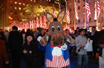 A victorious donkey in Rockefeller Plaza