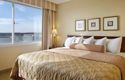 A renovated guest room at Embassy Suites at Chevy Chase Pavilion