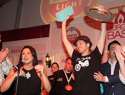 Host Rachael Ray congratulated Spike Mendelsohn on his victory, taking home all three of the evenings awards.
