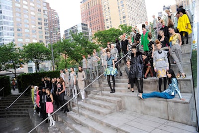 Models on the steps leading into Alice Tully Hall