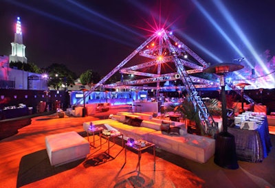 A pyramid-shaped truss at the premiere party