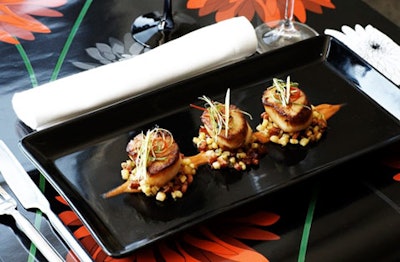 Seared scallops with crispy chorizo and patatas bravas from Catering With Style in Toronto