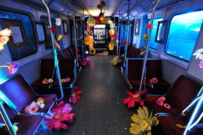Oversize flowers filled the 'Love ' subway car.