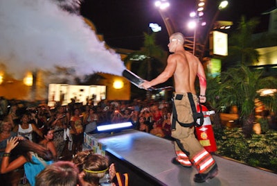 A firefighter blasted the crowd with a fire extinguisher.