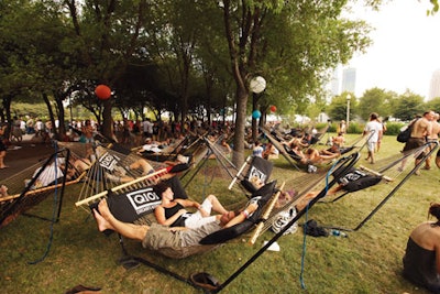 Chicago radio station Q101 sponsored Hammock Haven, a shady area at Lollapalooza where concertgoers relaxed in branded slings.