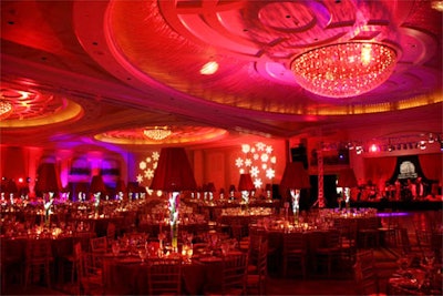 Red and gold lighting in the main ballroom