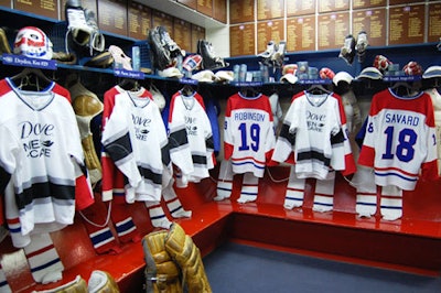 Logoed hockey jerseys in the locker room