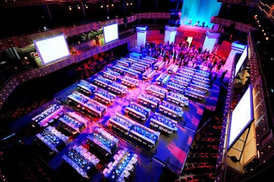 TD Bank's dinner tables on a platform over the house seats