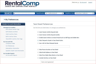 RentalComp user preferences screen