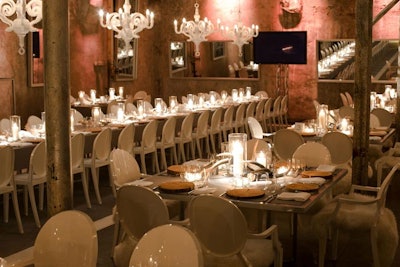 White Ghost chairs, square and rectangular chrome-framed dining tables, hanging mirrors, and multiple Moooi chandeliers