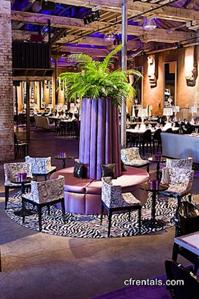 Purple borne, Missoni Mademoiselle chairs, black Victoria Ghost chairs, black mirror-topped cocktail tables, chrome-framed dining tables, and purple and zebra carpets