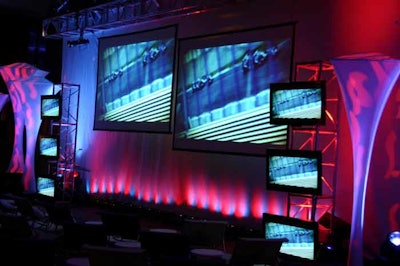 Custom meeting set for branded lighting treatment, multiple projections, and lighting cues