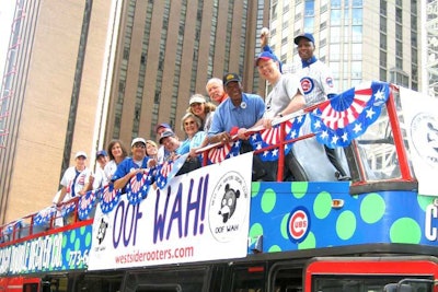 Our high-visibility Double Decker bus being put to excellent promotional use by the Rooters Club (Ernie Banks and 'Goose' Gossage are all smiles).