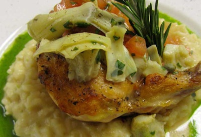 Parmesan Encrusted Statler Chicken, with Tomato Concasse, Roasted Garlic Risotto & Basil Puree