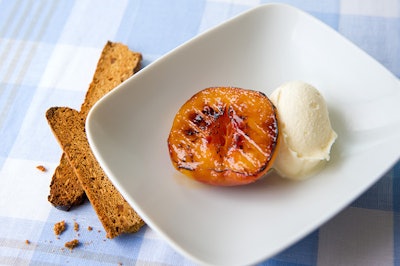 Grilled Peach with Vanilla Bean, Lavender Syrup and Biscotti