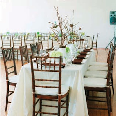 Fruitwood Chiavari chair with white cushion, white table drape, chocolate brown napkin, white square china