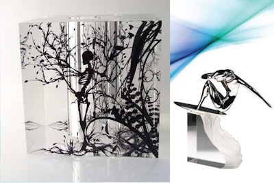 Nature Box collaboration with our design firm Mode Design Group in Lucite, and surfer sculpture in pewter and crystal