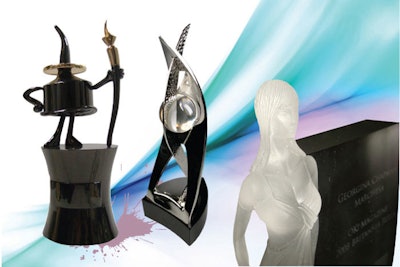 Custom sculptures in electroplated cast zinc and fabricated steel, and pate de verre crystal
