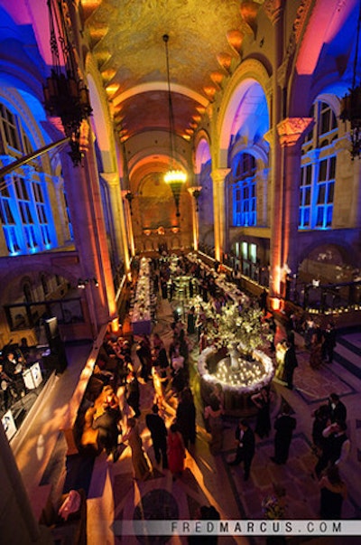 Main bank hall from the mezzanine during a wedding reception