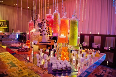 Clear canisters of colored candies topped the two dessert buffets.