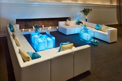 Afr White L Shape Couch Glowing Blue Tables