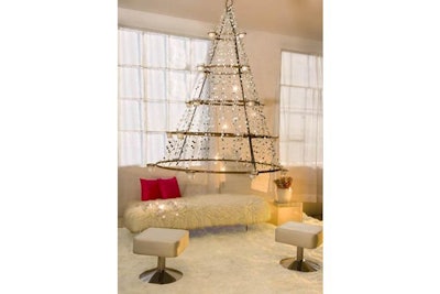 RentQuest has a variety of holiday party-appropriate lounge decor, including its wrought-iron five-tiered votive candle chandelier, $150, and rectangular white mohair slipcover, $275. Add in several of Greenroom’s Gold Link ottomans, $90 each, to complete the look.