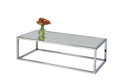 Signature Party Rentals Inc. in Toronto stocks this stark chrome coffee table with a mirrored top. It is also available with a clear glass or black plexiglass tabletop. Each rents for $50 Cdn.