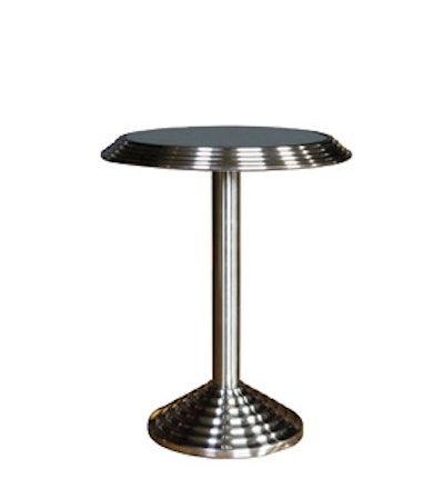 This stainless-steel pedestal has a mirrored top. Each piece rents for $40 from D.C. Rental in Washington.