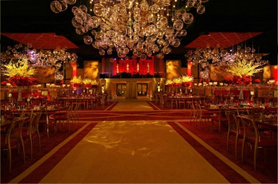 The ballroom was covered in red carpet with gold runners and a gold inlay.