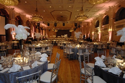 The concert hall at the Fairmont Royal York was illluminated with pink lighting and purple, blue, and silver decor.