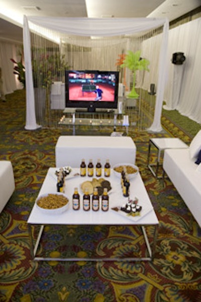 FOS Decor created a games room in the Rolling Stones greenroom, complete with a flat-screen TV, a Nintendo Wii, bottles of Newcastle Brown Ale, cookies, and pretzels.
