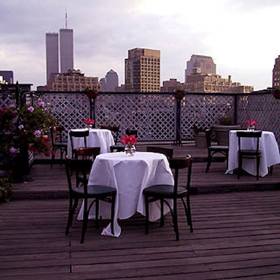 The outdoor deck of Quilty's loft offers a striking view of downtown Manhattan.