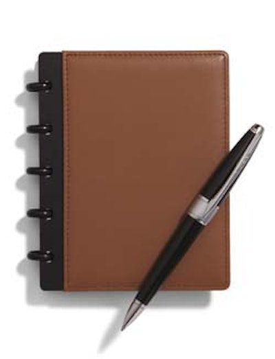 Levenger's Circa leather foldover notebook has a leather cover that folds back and away, creating a sturdy writing surface ($58 U.S.). A classic style, Cross's apogee ballpoint pen has a black lacquer finish and a smooth twist-action mechanism ($95 U.S. from Sam Flax).